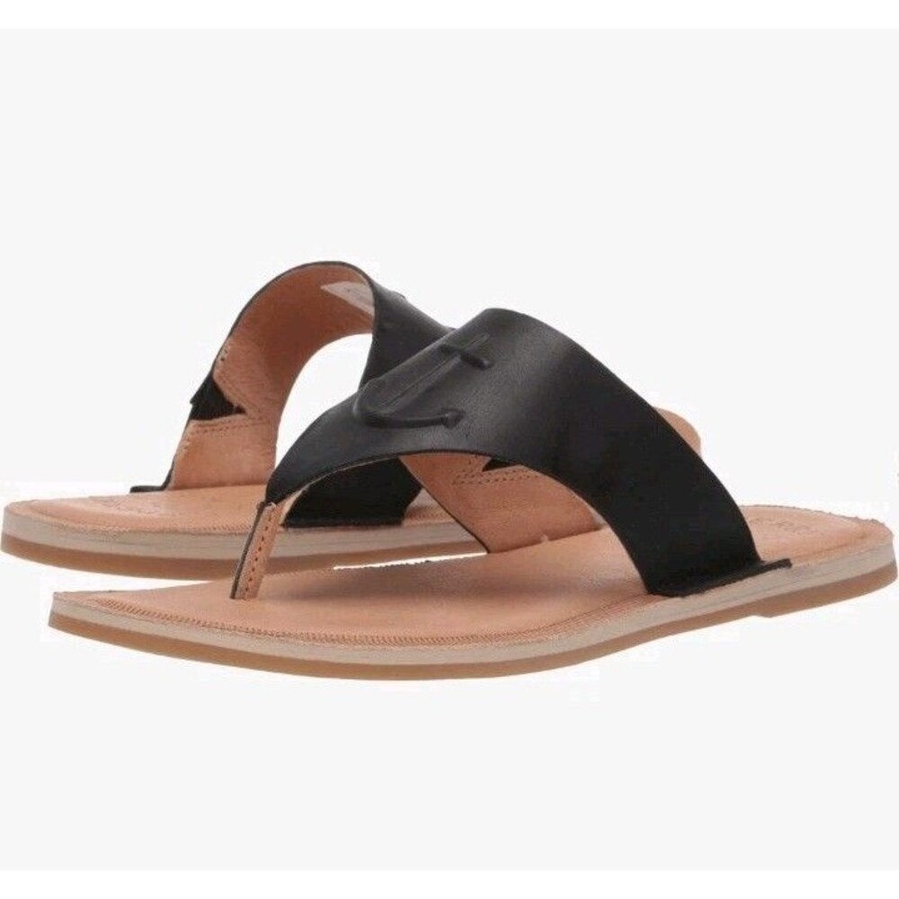 SPERRY TOP-SIDER SZ 9 BLACK ANCHOR EMBOSSED LEATHER SANDAL BEACH VACATION